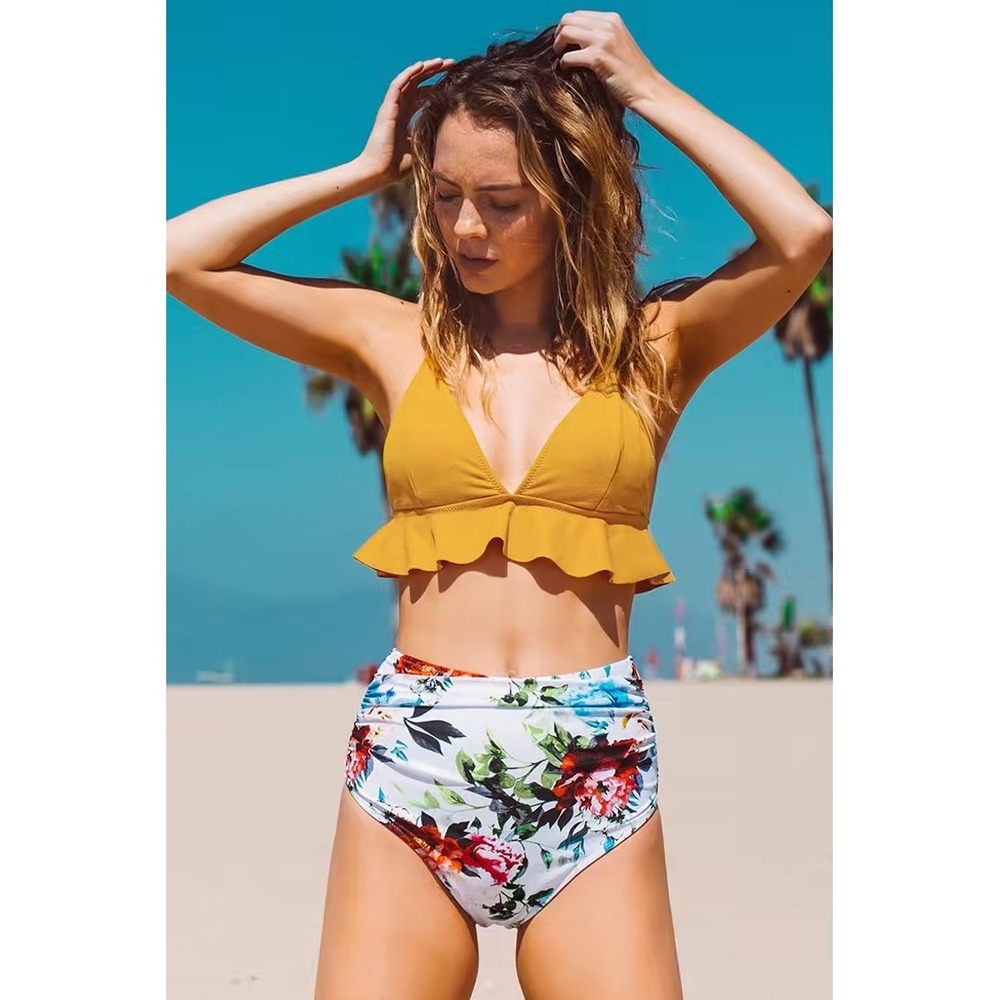 Cupshe Mustard Ruffle Bikini Top & Floral High Waisted‎ Bottom Set Chic Summer L